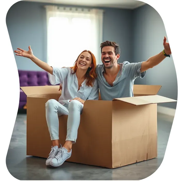 Two guys sitting on the floor of their apartment with Muval moving boxes